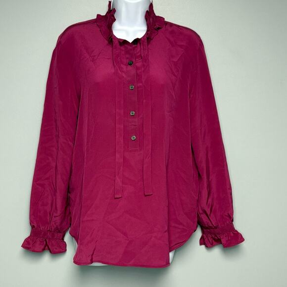 NWT J. Crew 100% Silk Luxury Purple Fuchsia Romantic Ruffle Neck Blouse Sz 6 - Picture 1 of 6